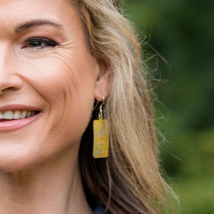 Silver Patina Earrings - Yellow Ornate Rectangle