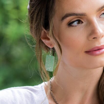 Silver Patina Earrings - Mint Floral Rectangle