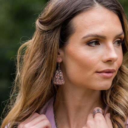 Silver Patina Earrings - Dusty Rose Rivets in Trapezoid