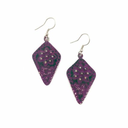Silver Patina Earrings - Purple Floral Diamond