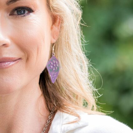 Silver Patina Earrings - Purple Floral Diamond