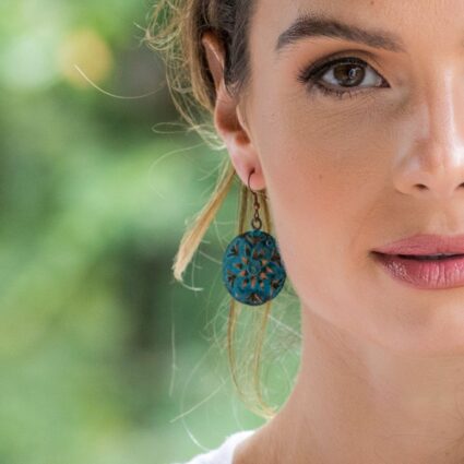 Copper Patina Earrings - Teal Sun Flower Circle
