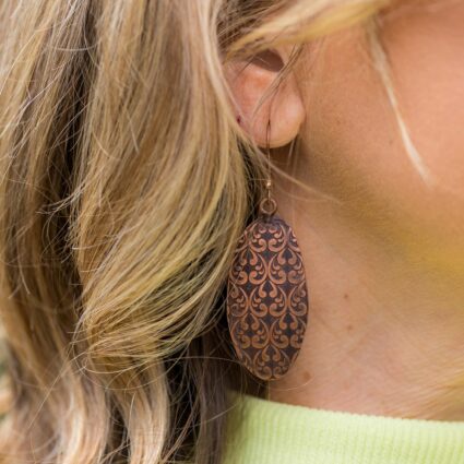 Copper Patina Earrings - Brown Ornate Ovals