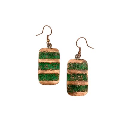 Copper Patina Earrings - Green Floral Striped Rectangles