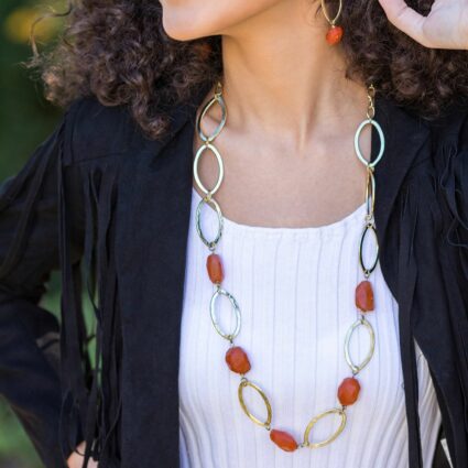 Gold-Plated Long Necklace With Carnelian Stones