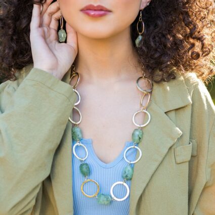Gold-Plated Long Necklace With Dendritic Prehnite Stones