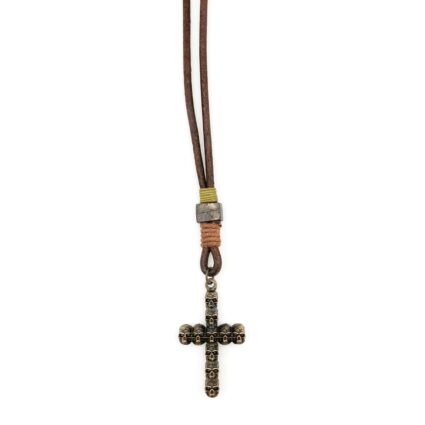 Aadi Brass Cross of Skulls Brown Leather Men's Necklace