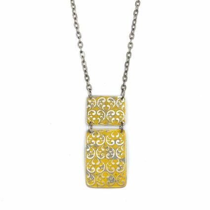 Silver Patina Necklace - Yellow Pieced Rectangle