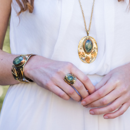 Mixed Metal and Moss Agate Stone Ring