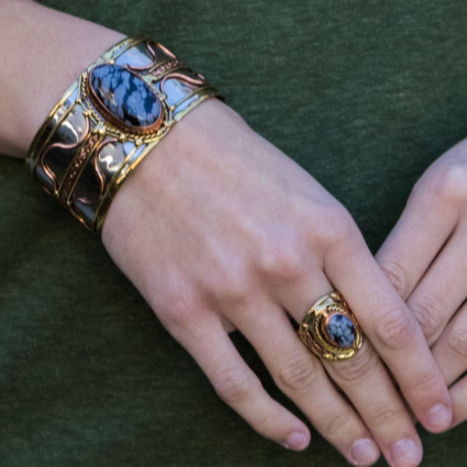 Mixed Metal and Snowflake Obsidian Stone Ring