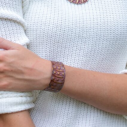 Brass Patina Bracelet - Warm Red with Dots and Lines