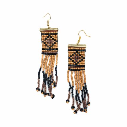 Sachi Beaded Safari Earrings - Tan Diamond with Bead Fringe