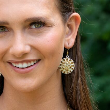 Brass Patina Earrings - Warm Brown and White Flower Circles
