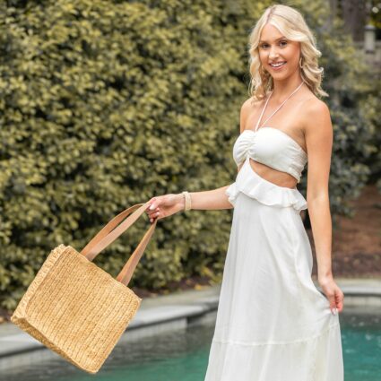 Stella Medium Raffia Box Tote with Leather Handles