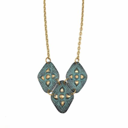 Brass Patina Necklace - Aqua Diamonds with Arabic Flowers