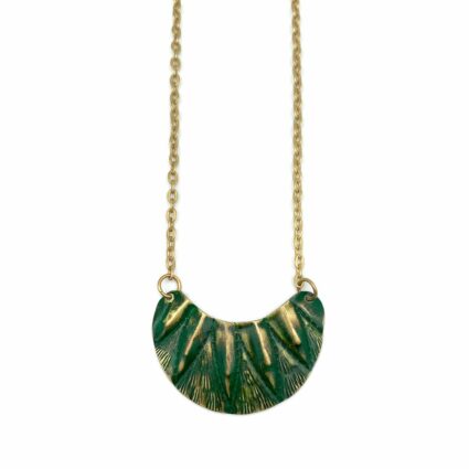 Brass Patina Necklace - Green Triangles on Curved Pendant