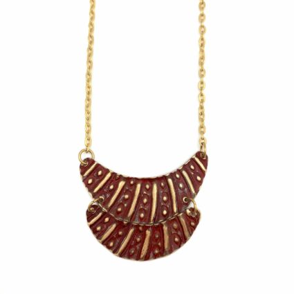 Brass Patina Necklace - Dots and Lines Warm Red Two Tiered