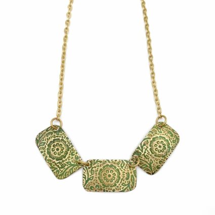 Brass Patina Necklace - Chartreuse Floral Scrollwork