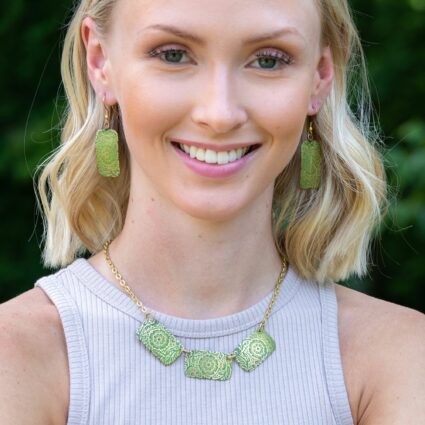 Brass Patina Necklace - Chartreuse Floral Scrollwork