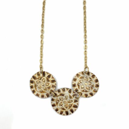 Brass Patina Necklace - Warm Brown and White Flower Circles