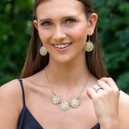 Brass Patina Necklace - Warm Brown and White Flower Circles