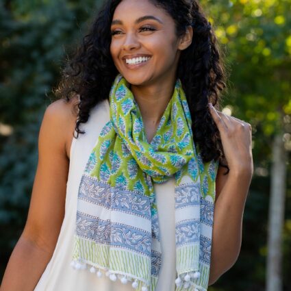 Block Printed Cotton Scarf - Chartreuse Floral Print